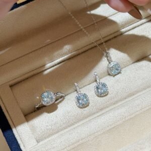 S925純銀海藍鋯石方形光圈飾品系列・白金色