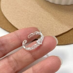 S925純銀蕾絲愛心閃鑽開口戒指・素銀色