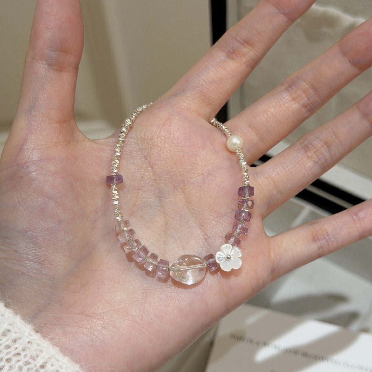 S925純銀紫水晶白水晶貝殼花手鏈・素銀色:圖片 3