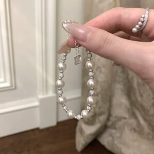 S925純銀法式正圓玻璃仿珍珠閃珠手鍊・素銀色