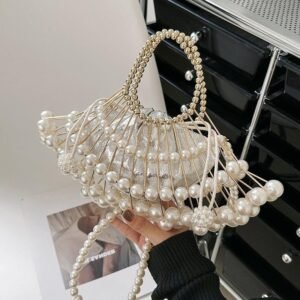 法式珍珠串珠扇形手提斜背包・白色