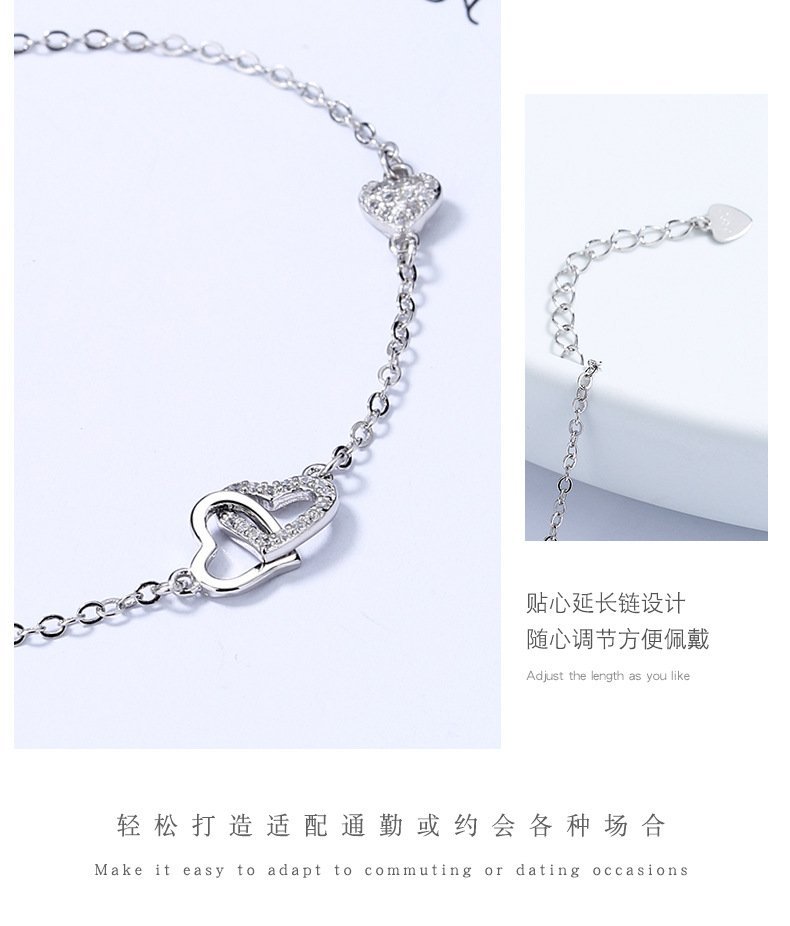 S925純銀雙愛心相扣鋯石手鍊・白金色:圖片 7