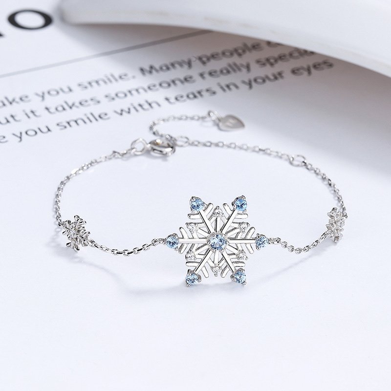 S925純銀雪花藍鑽手鍊・白金色